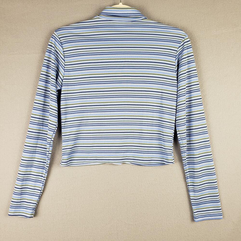 Y2K Accomplice Size M Button Front Polo Shirt Blue Green Stripe Androgynous Edgy - Picture 8 of 9
